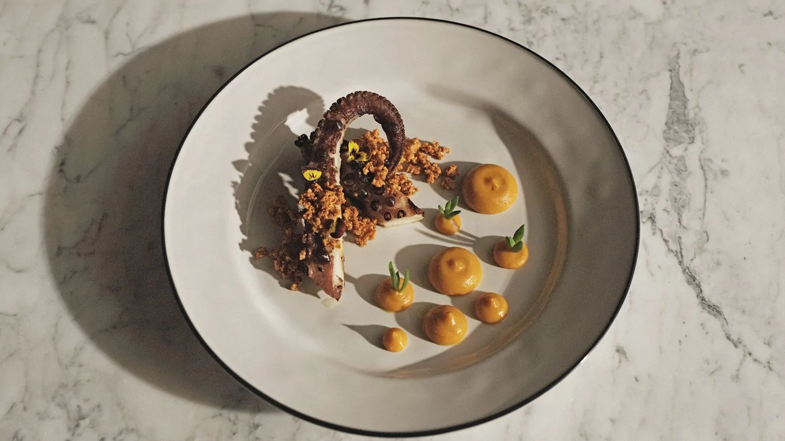 OLIVE WOOD SMOKED OCTOPUS (GF) Vadouvan Carrot Puree, Carrot Crumble